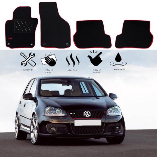 Πατάκια Αυτοκινήτου Μοκέτα Για Vw Golf 5 & 6 Με Μονό Κέντημα Gti Black 4 Τεμάχια