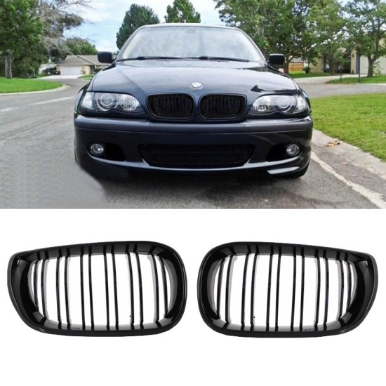 Καρδιές Μάσκας Για Bmw 3 E46 02-05 Sedan/Touring  M4 Look Με Διπλή Γρίλια Μαύρο Γυαλιστερό 2 Τεμάχια
