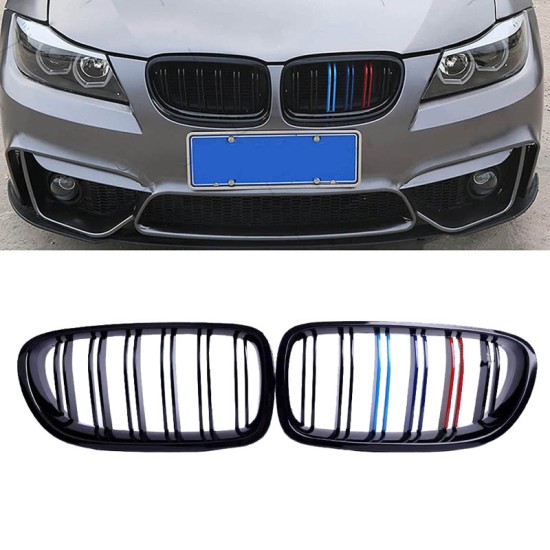 Καρδιές Μάσκας Για Bmw 3 E90 /E91 08-11 M4 Look Με Διπλή Γρίλια Tri-color / Μαύρο Γυαλιστερό 2 Τεμάχια