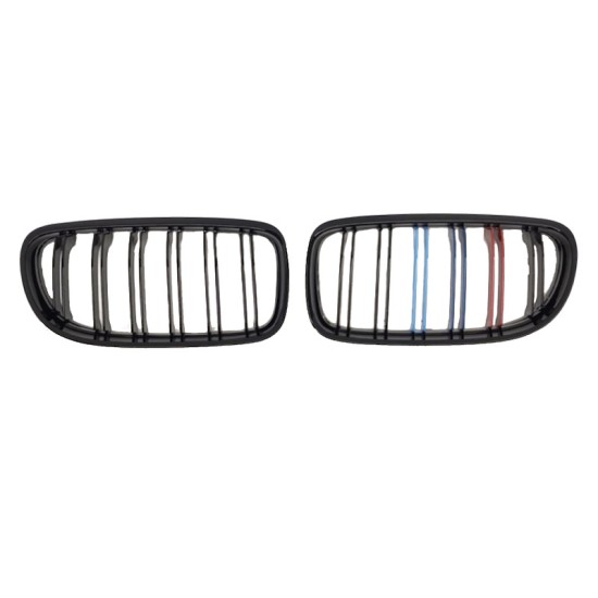 Καρδιές Μάσκας Για Bmw 3 E90 /E91 08-11 M4 Look Με Διπλή Γρίλια Tri-color / Μαύρο Γυαλιστερό 2 Τεμάχια