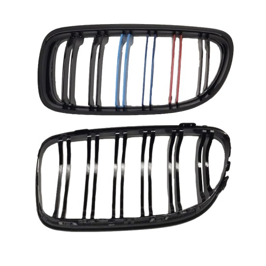 Καρδιές Μάσκας Για Bmw 3 E90 /E91 08-11 M4 Look Με Διπλή Γρίλια Tri-color / Μαύρο Γυαλιστερό 2 Τεμάχια