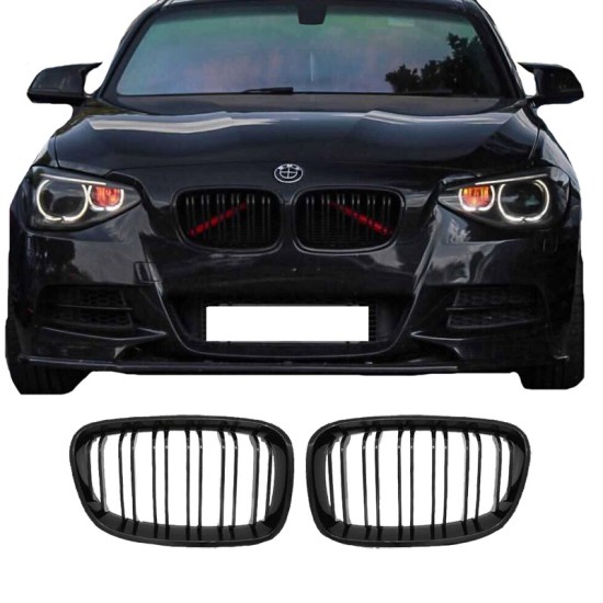 Καρδιές Μάσκας Για Bmw 1 F20 / F21 11-15 M4 Look Με Διπλή Γρίλια Μαύρο Γυαλιστερό 2 Τεμάχια