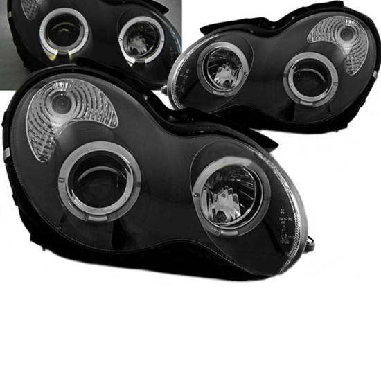 Μπροστινά Φανάρια Set Για Mercedes-Benz C-Class W203 00-04 Angel Eyes Μαύρα H7/H1 Manual Sonar