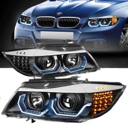 Μπροστινά Φανάρια Set Για Bmw 3 E90 / E91 05-08 3D LED Angel Eyes & Led Φλας Μαύρα H7/H1 Reliable Auto Parts RSD-100314BE