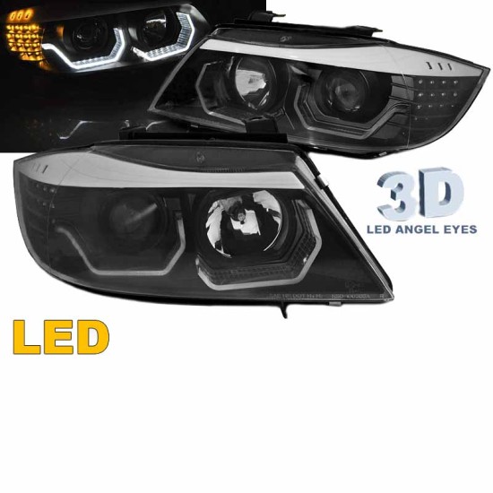 Μπροστινά Φανάρια Set Για Bmw 3 E90 / E91 05-08 3D LED Angel Eyes & Led Φλας Μαύρα H7/H1 Reliable Auto Parts RSD-100314BE