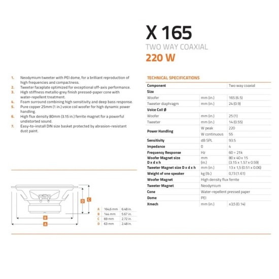 Ηχεία Αυτοκινήτου Hertz Uno X165 6.5" 165mm 55W RMS / 220W Peak 2 Δρόμων Ζευγάρι 2 Τεμάχια