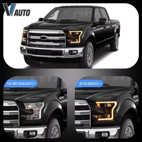 Μπροστινά Φανάρια Set Για Ford F150 MK13 14-17 DRL Dynamic Start Up Μαύρα Full Led VLand