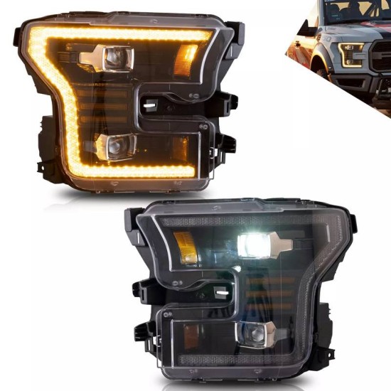 Μπροστινά Φανάρια Set Για Ford F150 MK13 14-17 DRL Dynamic Start Up Μαύρα Full Led VLand