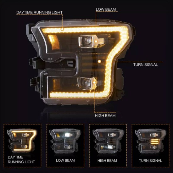 Μπροστινά Φανάρια Set Για Ford F150 MK13 14-17 DRL Dynamic Start Up Μαύρα Full Led VLand