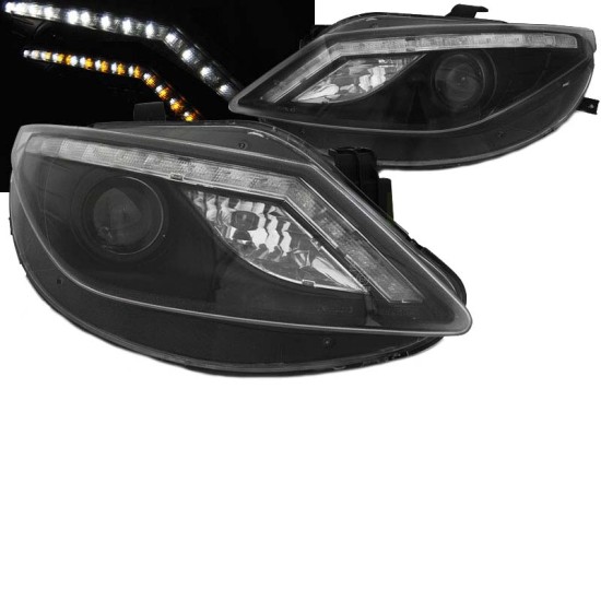 Μπροστινά Φανάρια Set Για Seat Ibiza 6J 08-12 DRL & Led Φλας Μαύρα H9 Με Μοτέρ JunYan