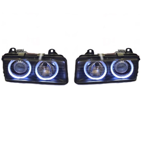 Μπροστινά Φανάρια Set Για Bmw 3 E36 Coupe / Sedan / Compact / Touring 90-99 Angel Eyes Μαύρα H7/H7 Carner