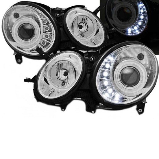 Μπροστινά Φανάρια Set Για Mercedes-Benz E-Class W211 06-09 DRL Χρωμίου H7/H7 Με Μοτέρ Sonar