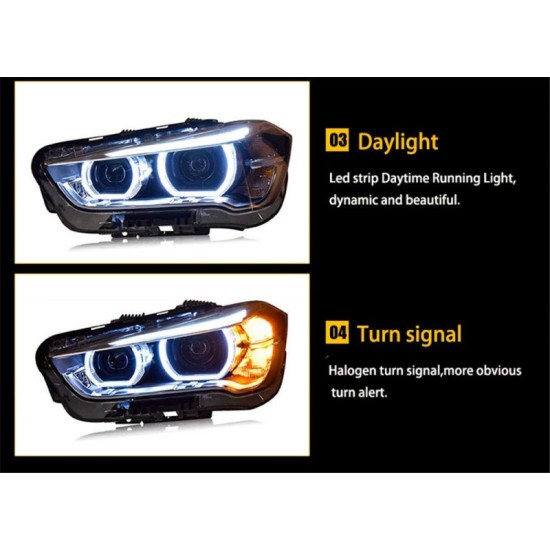 Μπροστινά Φανάρια Set Για Bmw X1 F48 15+ Angel Eyes Full Led Upgrade Μαύρα Με Μοτέρ