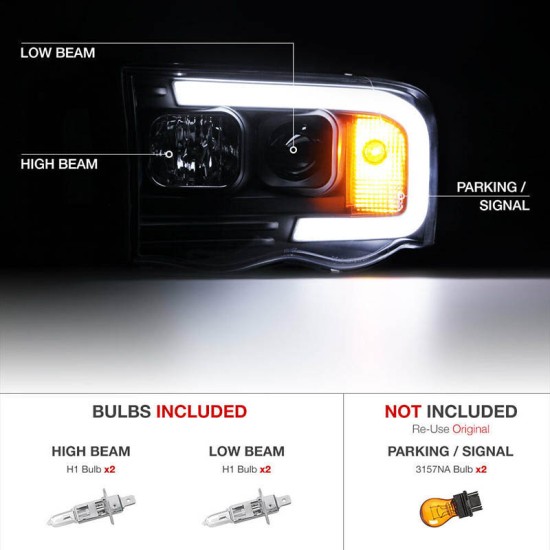 Μπροστινά Φανάρια Set Για Dodge Ram 02-06 DRL Tube Lights Μαύρα H1/H1 Manual Sonar