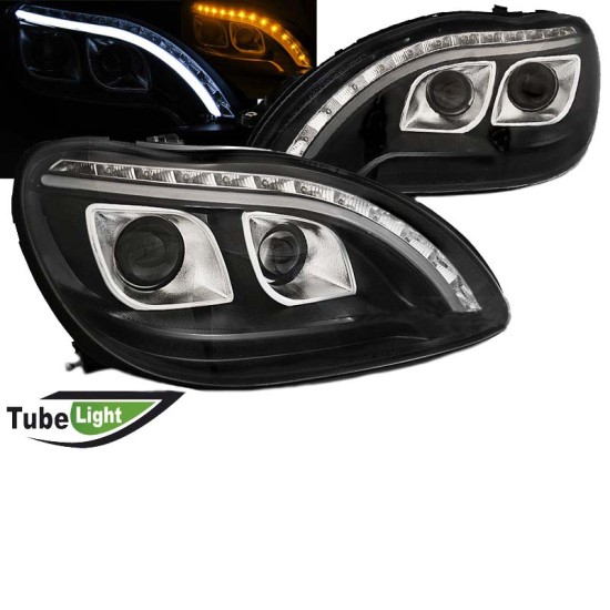 Μπροστινά Φανάρια Set Για Mercedes-Benz S-Class W220 98-05 DRL & Led Φλας ΜαύραH7/H1 Manual JunYan