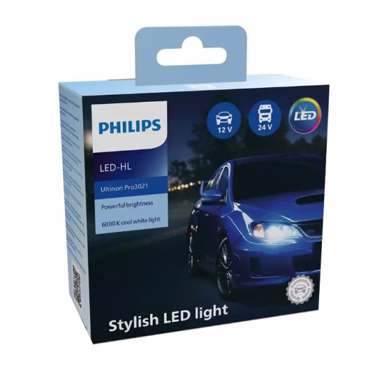 Λάμπες Led H4 Philips Ultinon Pro3021 12V 24V 18W 6000K 1000/1500lm 11342U3021X2 2 Τεμάχια