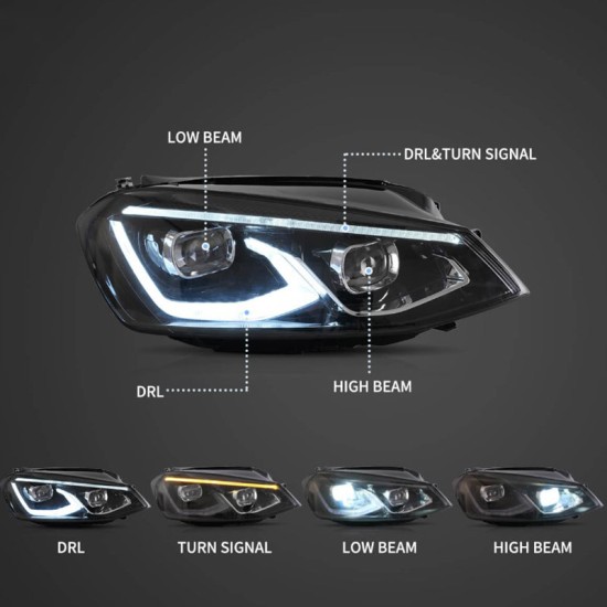 Μπροστινά Φανάρια Set Για Vw Golf VΙI (7) 12-17 Mk8 Golf Look Dynamic Start DRL & Φλας Μαύρα Full Led Με Μοτέρ VLand
