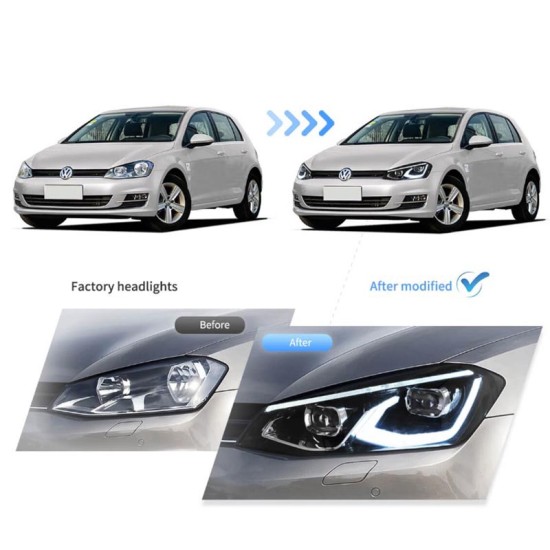 Μπροστινά Φανάρια Set Για Vw Golf VΙI (7) 12-17 Mk8 Golf Look Dynamic Start DRL & Φλας Μαύρα Full Led Με Μοτέρ VLand