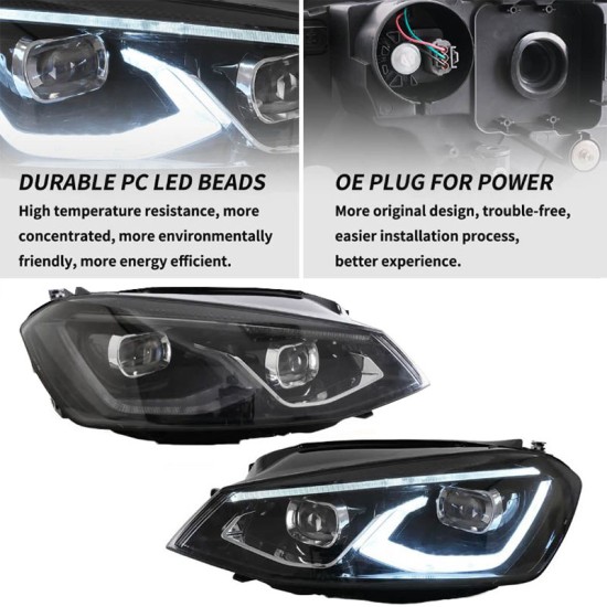 Μπροστινά Φανάρια Set Για Vw Golf VΙI (7) 12-17 Mk8 Golf Look Dynamic Start DRL & Φλας Μαύρα Full Led Με Μοτέρ VLand