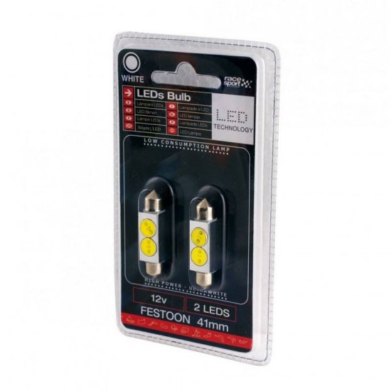 Λάμπες Led Σωληνωτές 41mm 2 Leds 12volt Λευκό Φως RaceSport LIT18BN 2 Τεμάχια