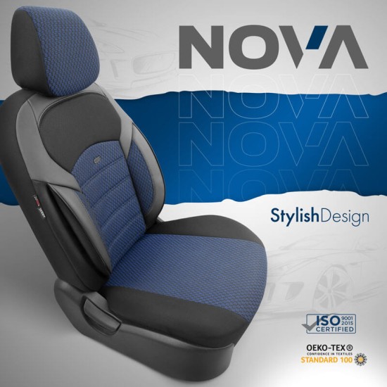 Καλύμματα Αυτοκινήτου Otom "Nova" Universal Ύφασμα Jacquard / Δερματίνη Σετ Εμπρός / Πίσω 11 Τεμαχίων Μπλε / Μαύρο ΝΟV-3304