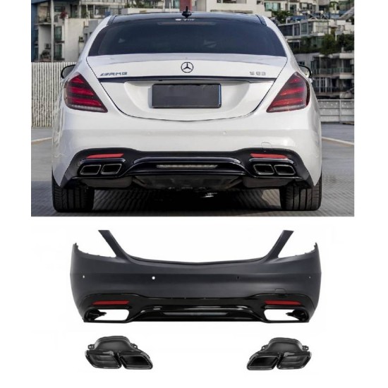 Πισινός Προφυλακτήρας Για Mercedes-Benz S-Class W222 Facelift 17-20 Amg S63 Look Black Edition Με Μαύρες Μπούκες