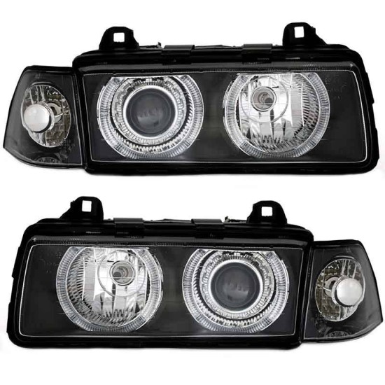 Μπροστινά Φανάρια Set Για Bmw 3 E36 90-99 Sedan / Compact / Touring Angel Eyes Μαύρα H7/H7 Depo