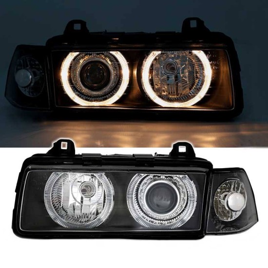 Μπροστινά Φανάρια Set Για Bmw 3 E36 90-99 Sedan / Compact / Touring Angel Eyes Μαύρα H7/H7 Depo