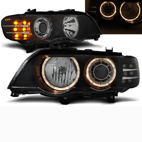 Μπροστινά Φανάρια Set Για Bmw X5 E53 99-03 Angel Eyes & Led Φλας Μαύρα H7/H7 Depo