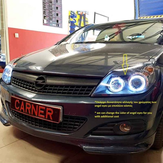 Μπροστινά Φανάρια Set Για Opel Astra H 04-09 Angel Eyes Μαύρα H7/H7 Με Μοτέρ Depo