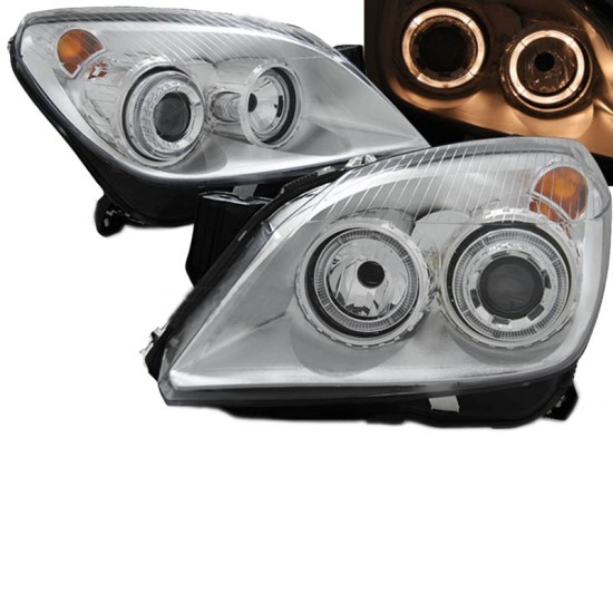 Μπροστινά Φανάρια Set Για Opel Astra H 04-09 Angel Eyes Χρωμίου H7/H7 Με Μοτέρ Depo