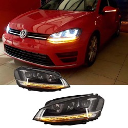 Μπροστινά Φανάρια Set Για Vw Golf VII (7) 12-17 U-Type DRL & Led Φλας Dynamic GTI R-Line Look Μαύρα H7/H7 Με Μοτέρ Carner