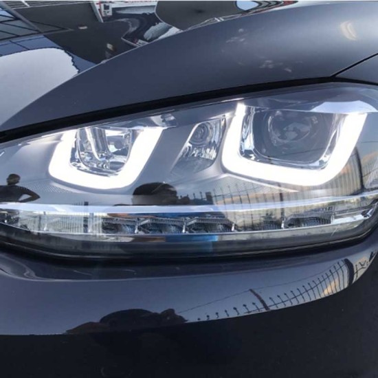 Μπροστινά Φανάρια Set Για Vw Golf VII (7) 12-17 U-Type DRL & Led Φλας Dynamic GTI R-Line Look Μαύρα H7/H7 Με Μοτέρ Carner