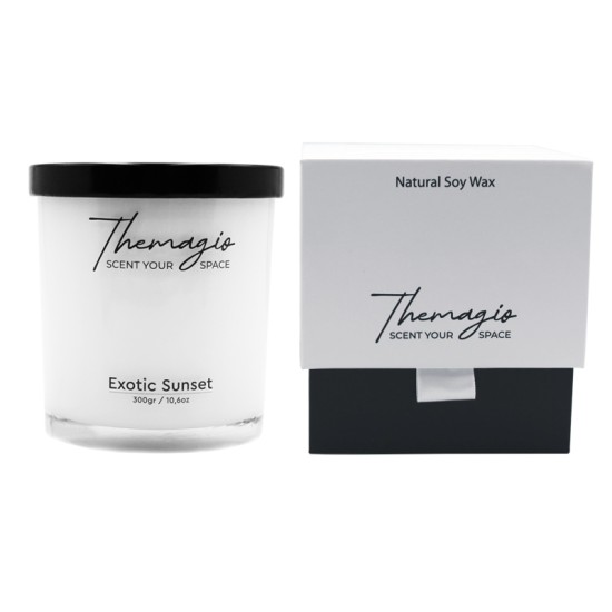 Αρωματικό Κερί Σόγιας Σε Λευκό Ποτήρι Με Μαύρο Μεταλλικό Καπάκι "Exotic Sunset" 300gr Themagio 77202