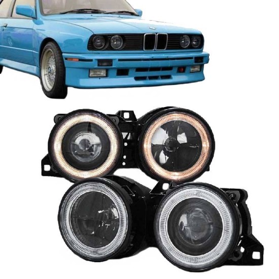 Μπροστινά Φανάρια Set Για Bmw 3 E30 82-94 Angel Eyes Μαύρα Με Σταυρό H1/H1 Manual Depo
