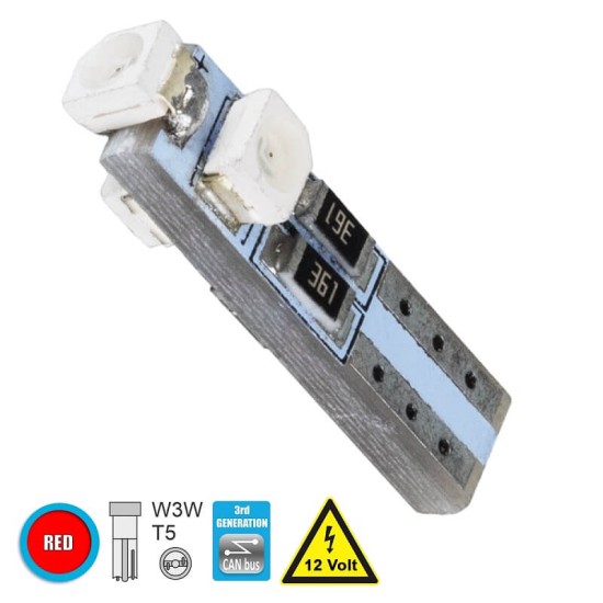 Λάμπα Led T5 3 Led 12volt 0.6watt Canbus Κόκκινη 1 Τεμάχιο