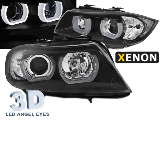 Μπροστινά Φανάρια Set Για Bmw 3 E90 / E91 05-08 U-LED 3D Angel Eyes Μαύρα Xenon D1S/H1 Sonar