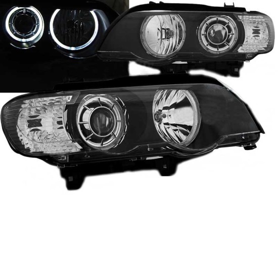 Μπροστινά Φανάρια Set Για Bmw X5 E53 99-03 Led Angel Eyes Μαύρα H7/H7 Με Μοτέρ Depo