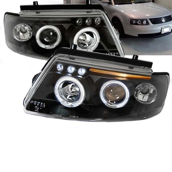 Μπροστινά Φανάρια Set Για Vw Passat 3B 96-00 Angel Eyes & Led Μαύρα H1/H1 JunYan