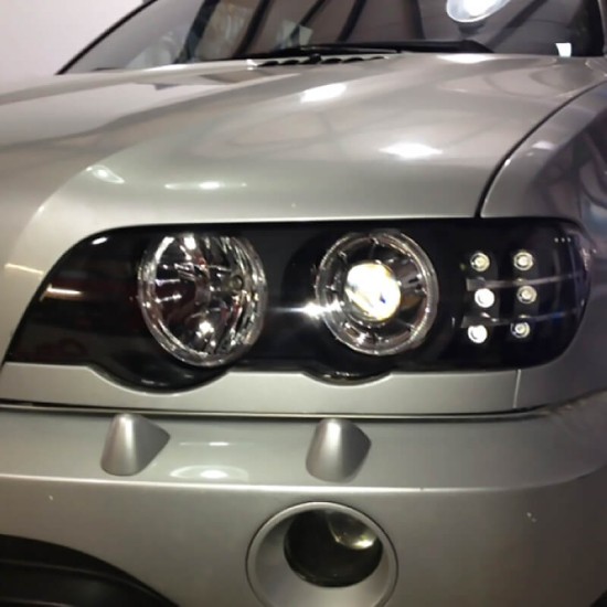 Μπροστινά Φανάρια Set Για Bmw X5 E53 99-03 Angel Eyes & Led Φλας Μαύρα Xenon D2S/H7 Με Μοτέρ Depo