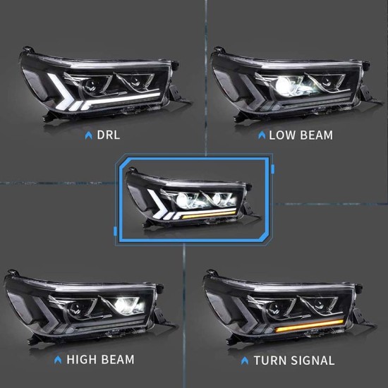 Μπροστινά Φανάρια Set Για Toyota Hilux Revo 15-19 Με Dynamic Start DRL &  Φλας Μαύρα Με Μοτέρ VLand