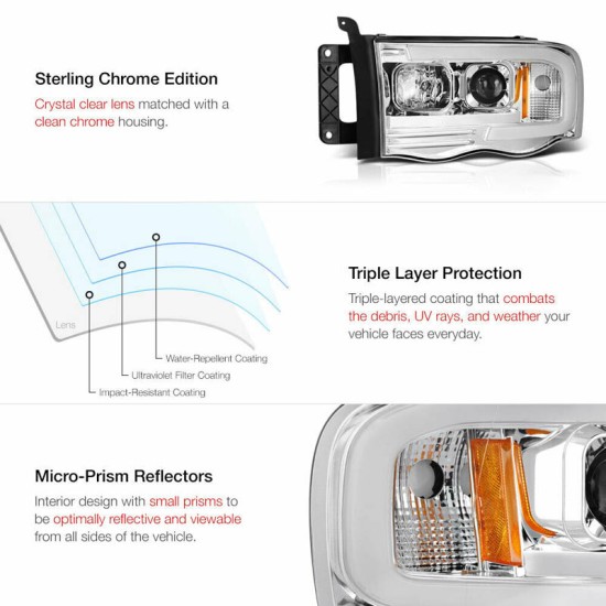 Μπροστινά Φανάρια Set Για Dodge Ram 02-06 DRL Tube Lights Χρωμίου H1/H1 Manual Sonar