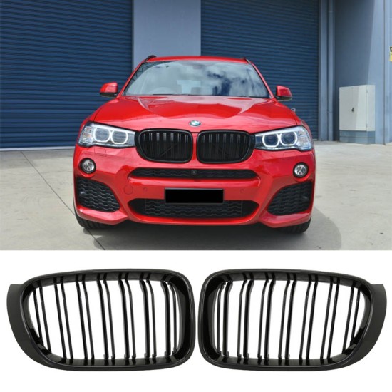 Καρδιές Μάσκας Για Bmw X3 F25 LCI 14-17 / X4 F26 14-17 M4 Look Με Διπλή Γρίλια Μαύρο Γυαλιστερό Με 7 Γρίλιες 2 Τεμάχια