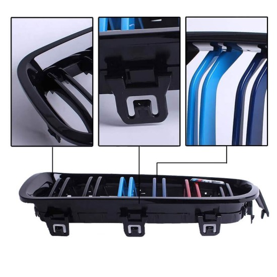 Καρδιές Μάσκας Για Bmw 3 F30 / F31 11-18 M4 Look Με Διπλή Γρίλια Tri-Color Μαύρο Γυαλιστερό 2 Τεμάχια