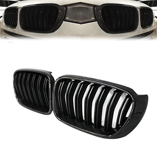 Καρδιές Μάσκας Για Bmw X3 F25 LCI 14-17 / X4 F26 14-17 M4 Look Με Διπλή Γρίλια Μαύρο Γυαλιστερό Με 7 Γρίλιες Και Πλαίσιο Carbon 2 Τεμάχια
