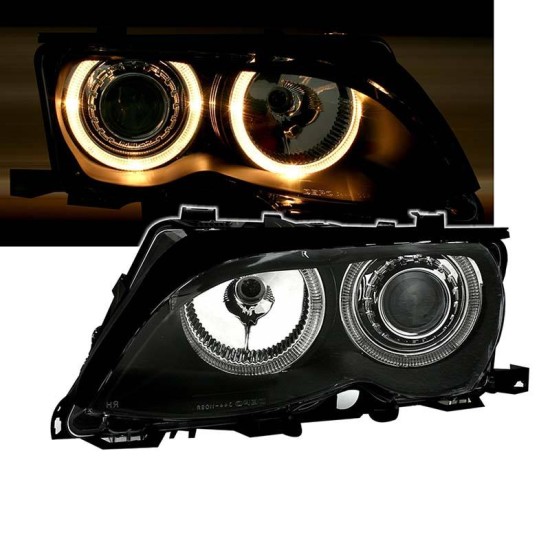 Μπροστινά Φανάρια Set Για Bmw 3 E46 Sedan/Caravan 01-05 Angel Eyes Μαύρα H7/H7 Με Μοτέρ Depo
