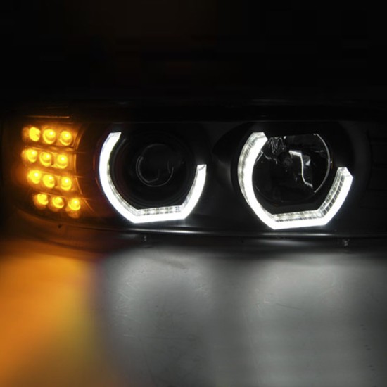 Μπροστινά Φανάρια Set Για Bmw 5 E39 95-03 3D Angel Eyes & Led Φλας Μαύρα H7/H1 Manual Reliable Auto Parts