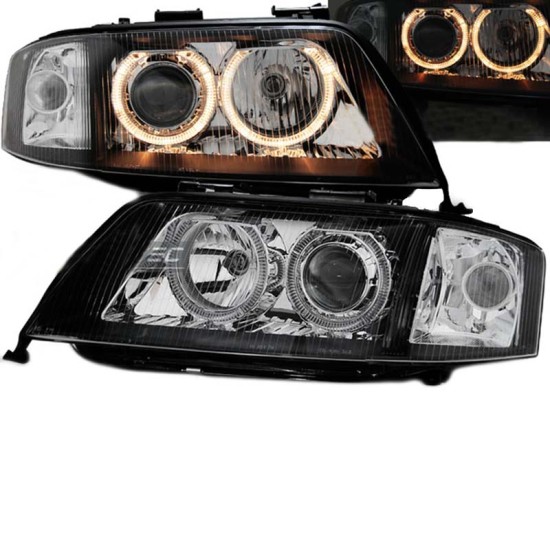 Μπροστινά Φανάρια Set Για Audi A6 4B 97-01 Angel Eyes Μαύρα H7/H7 depo