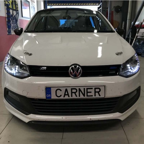 Μπροστινά Φανάρια Set Για Vw Polo 6R/ 6C 09-17 DRL GTI R-Look Μαύρα Με Ασημί Γραμμή H7/H7 Με Μοτέρ Carner