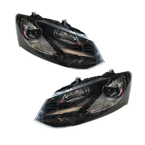 Μπροστινά Φανάρια Set Για Vw Polo 6R/ 6C 09-17 DRL GTI R-Look Μαύρα Με Ασημί Γραμμή H7/H7 Με Μοτέρ Carner